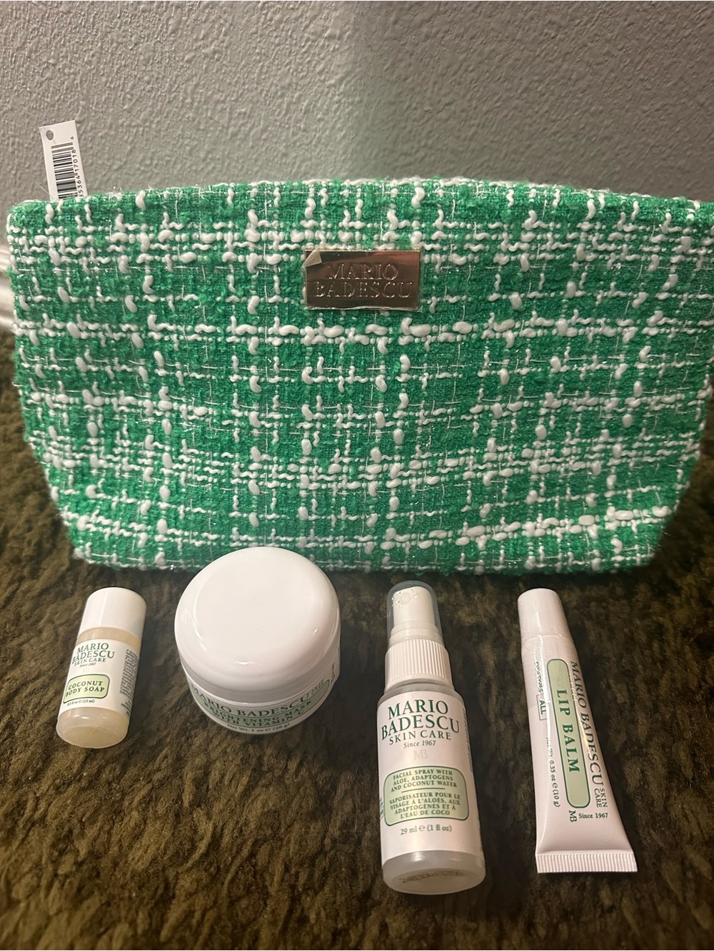 Mario Badescu Green & White Tweed Cosmetic Pouch with Skincare Set